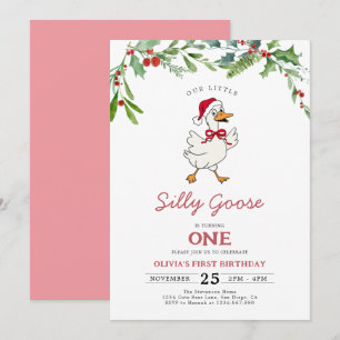 Pink Christmas Silly Goose Berries 1st Birthday Invitation