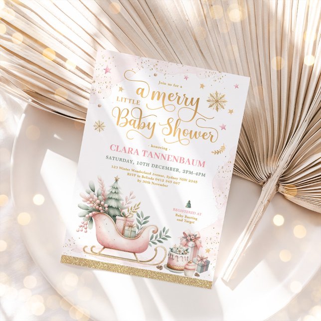 Pink Christmas Sleigh | A Merry Little Baby Shower Invitation (Creator Uploaded)