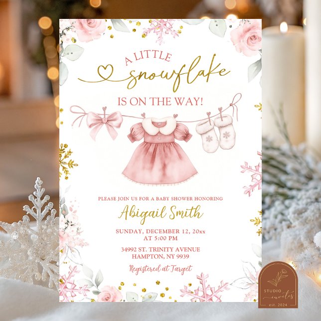 Pink Christmas Snowflake clothesline Baby Shower Invitation (Creator Uploaded)