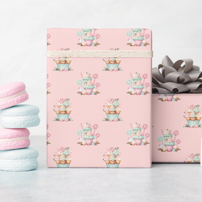 Pink Christmas Snowflake Cupcake Birthday Wrapping Paper (Pink Christmas Cupcake Wrapping Paper, Candy Sweets Birthday Gift Wrap, Winter Wonderland)