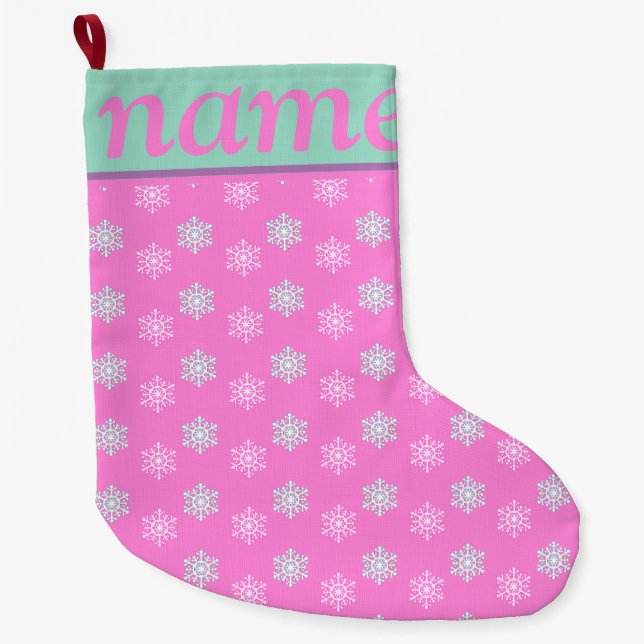 Pink Christmas snowflake  Large Christmas Stocking (Front)