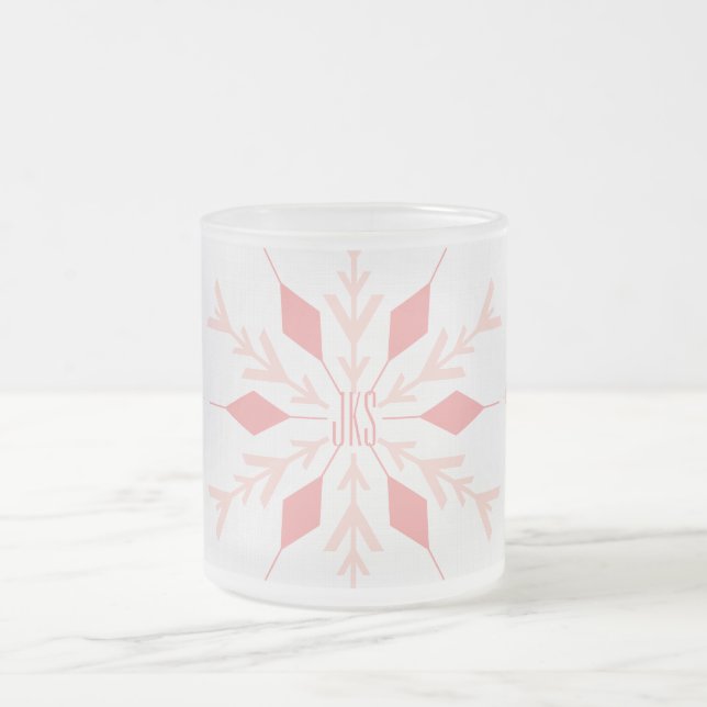 Pink Christmas Snowflake with Monogram Frosted Glass Coffee Mug (Center)