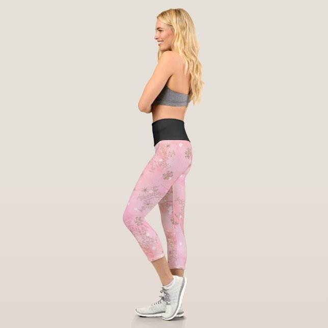 Pink Christmas Snowflakes Boho Pattern Capri Leggings (Left)