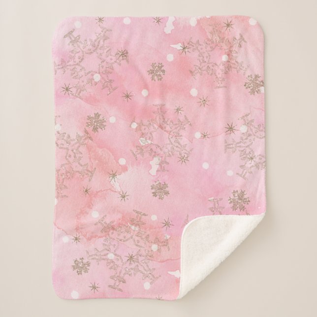 Pink Christmas Snowflakes Boho Pattern Sherpa Blanket (Front)