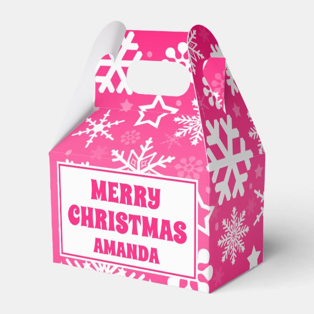 Pink Christmas Snowflakes Personalised Kids Party Favour Box (Front Side)