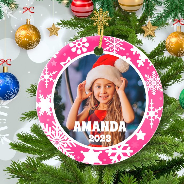 Pink Christmas Snowflakes Personalised Kids Photo Ceramic Tree Decoration (Creator Uploaded)