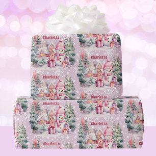 Pink Christmas Snowman add Girl's Name Wrapping Paper