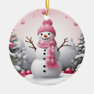 Pink Christmas Snowman Ceramic Tree Decoration