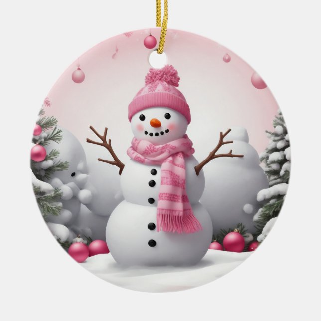 Pink Christmas Snowman Ceramic Tree Decoration (Front)