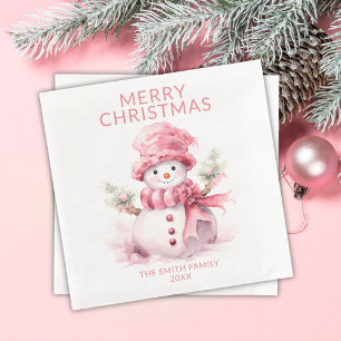 Pink Christmas Snowman Party Napkin