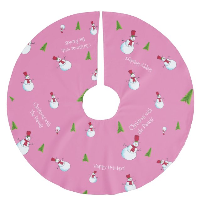 Pink Christmas Snowman Personalised Brushed Polyester Tree Skirt (Front)