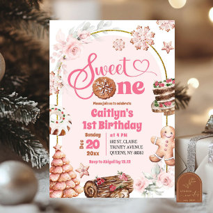 Pink Christmas Sweet One Winter First Birthday Invitation