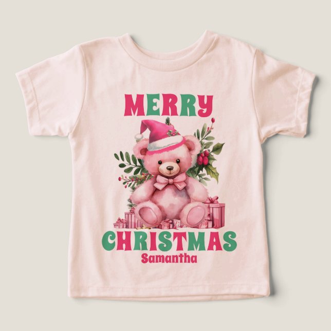 Pink Christmas Teddy Bear Personalised Name (Design Front)