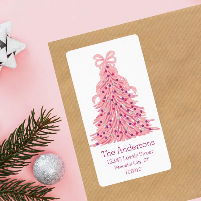 Pink Christmas Tree and Bow Return Address  (Creator Uploaded)