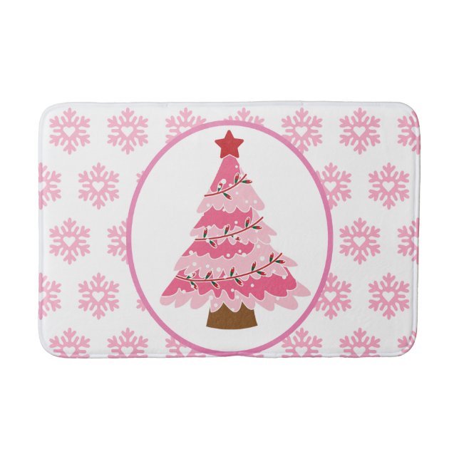 Pink Christmas Tree and Snowflakes Bath Mat (Front)