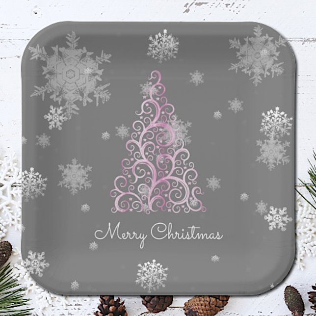 Pink Christmas Tree and Snowflakes Paper Plate (Pink Christmas Tree and Snowflakes Paper Plates)