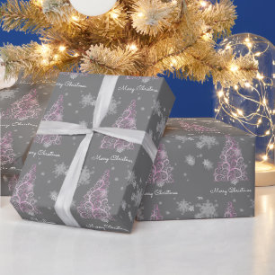 Pink Christmas Tree and Snowflakes Wrapping Paper