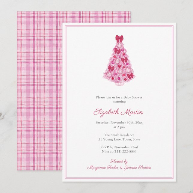 Pink Christmas Tree Baby Shower For Girl Party Invitation (Front/Back)