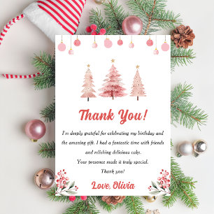Pink Christmas Tree Birthday Party Thank You Card