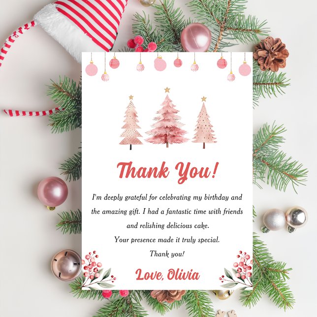 Pink Christmas Tree Birthday Party Thank You Card (Creator Uploaded)