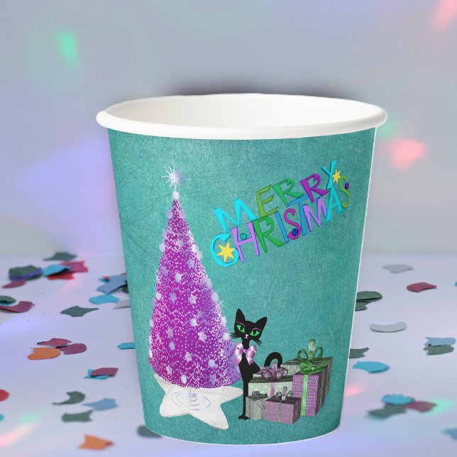 Pink Christmas Tree black Cat Wrapped Gifts Teal Paper Cups (Merry Christmas pink silver tree, black cat, wrapped gifts on teal paper party drink cup for holiday)