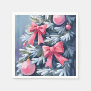 Pink Christmas Tree Bows Ornaments Watercolor Napkin