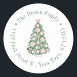 Pink Christmas Tree Chinoiserie Return Address Classic Round Sticker<br><div class="desc">This flexible sticker design features an ornately decorated Christmas tree with circular text border. Shown here for a return address label but all of the text fields are flexible to your needs eg could be a thank you favour sticker. All watercolor elements originally handpainted by me before being scanned into...</div>