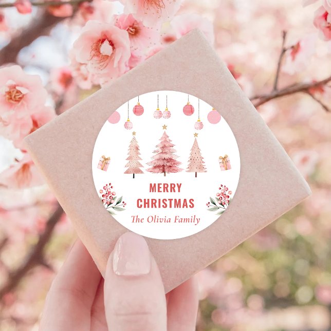 Pink Christmas Tree Christmas Party Classic Round Sticker (Creator Uploaded)