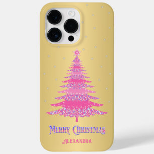 Pink Christmas Tree Custom Name Gold Foil Case-Mate iPhone 14 Pro Max Case
