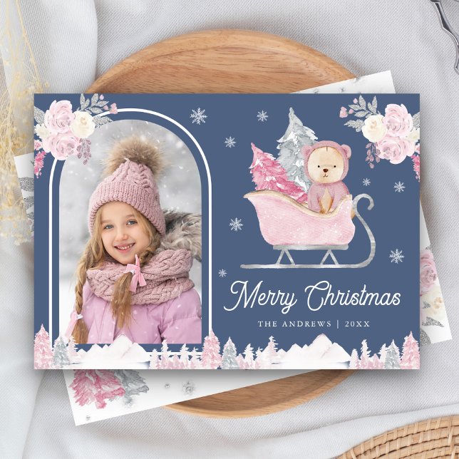 Pink Christmas Tree Cute Teddy Arch Photo Blue Holiday Card (Creator Uploaded)