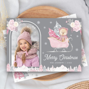 Pink Christmas Tree Cute Teddy Arch Photo Grey Holiday Card
