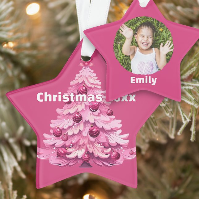 Pink Christmas Tree Dated Photo Star Ornament (Creator Uploaded)