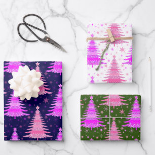 Pink Christmas Tree Design Wrapping Paper. Paper Sheet