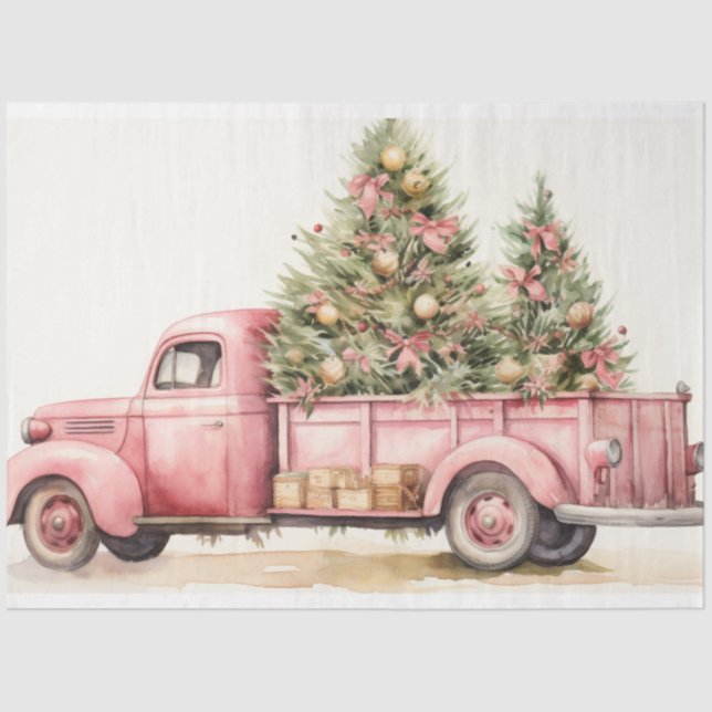 Pink Christmas Tree Farm Truck Tissue Paper (Front)