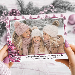 Pink Christmas Tree Girly Glam Flat Holiday Card