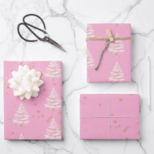 Pink Christmas Tree Gold Snowflakes Wrapping Paper Sheet