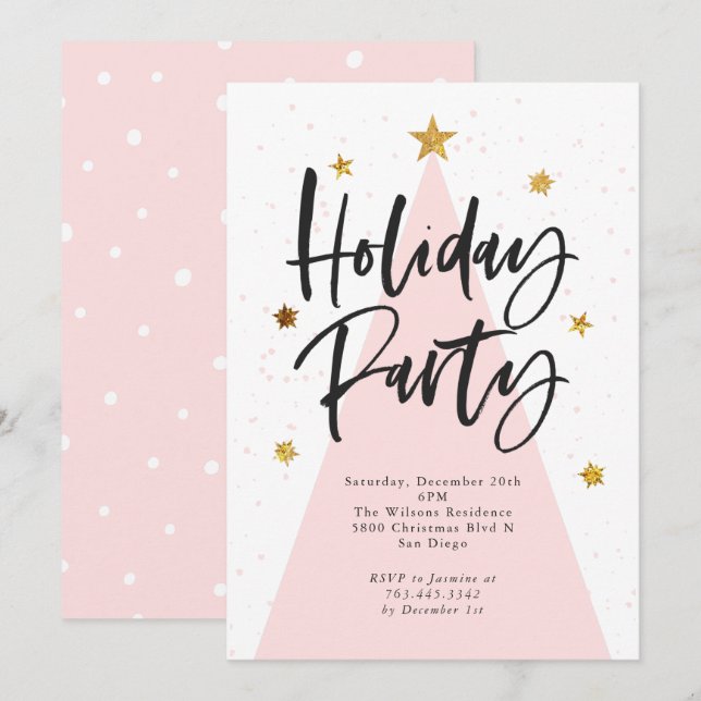 Pink Christmas Tree Gold Stars Holiday Party Invitation (Front/Back)