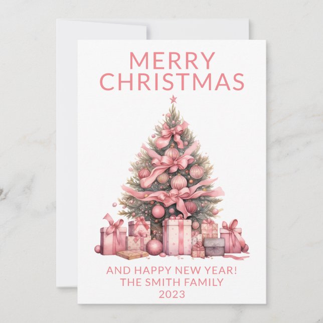 Pink Christmas Tree Holiday Card (Front)
