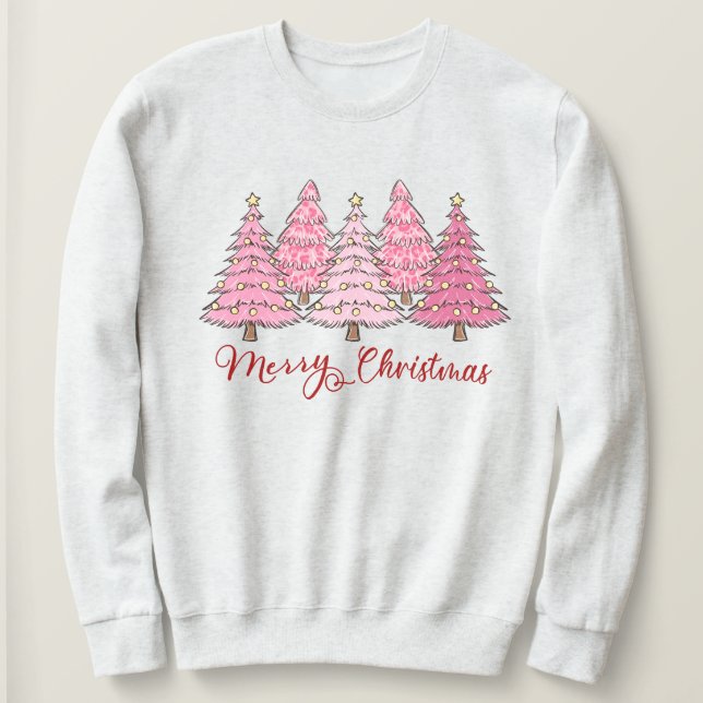 Pink Christmas Tree Hoodie, Women's Holiday Cheer Sweatshirt (Design Front)