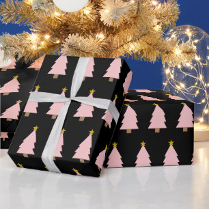 Pink Christmas Tree Line & Golden Star on Black Wrapping Paper