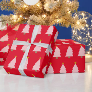 Pink Christmas Tree Line & Golden Star on Red Wrapping Paper