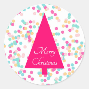 Pink Christmas tree Merry Christmas Typography Classic Round Sticker
