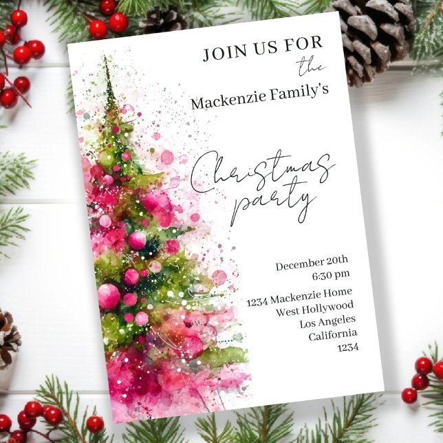  Pink Christmas Tree Party Personalized Invitation (Pink Christmas Tree Party Personalized Invitations by Ricaso. Bold Pink Modern and Stylish invites)