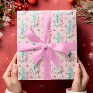 Pink Christmas Tree Pattern Teal Holiday Wrapping Paper