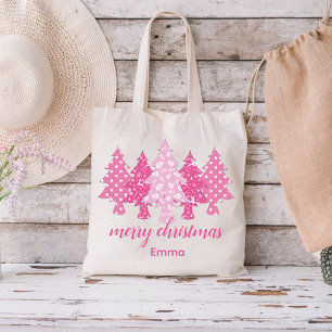 Pink Christmas Tree Pattern with Elegant Name Tote Bag
