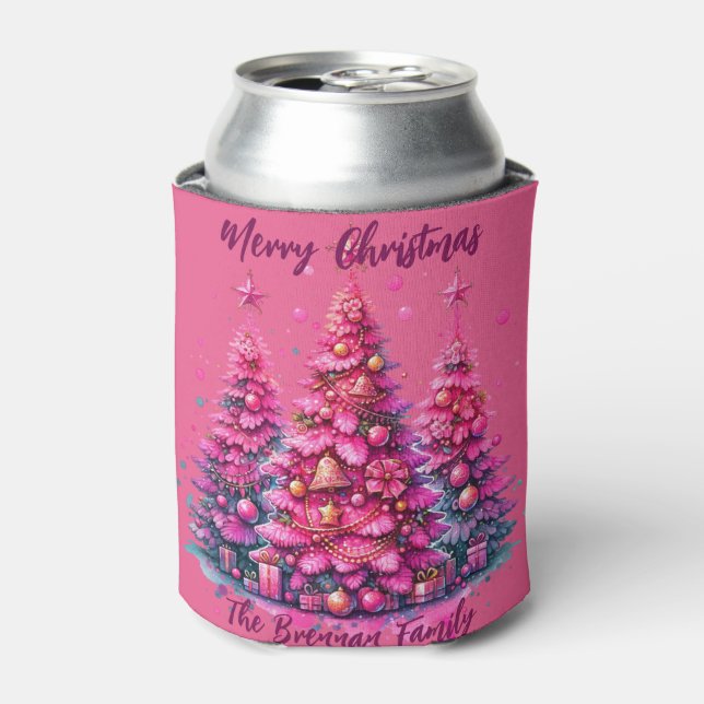 Pink Christmas Tree Personalised Family Can Cooler (Can Front)