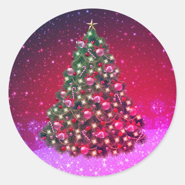 Pink Christmas Tree Sparkle Design Classic Round Sticker (Front)