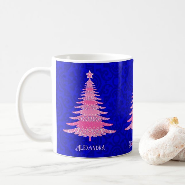 Pink Christmas Tree Sparkle Personalised Snowflake Coffee Mug (With Donut)