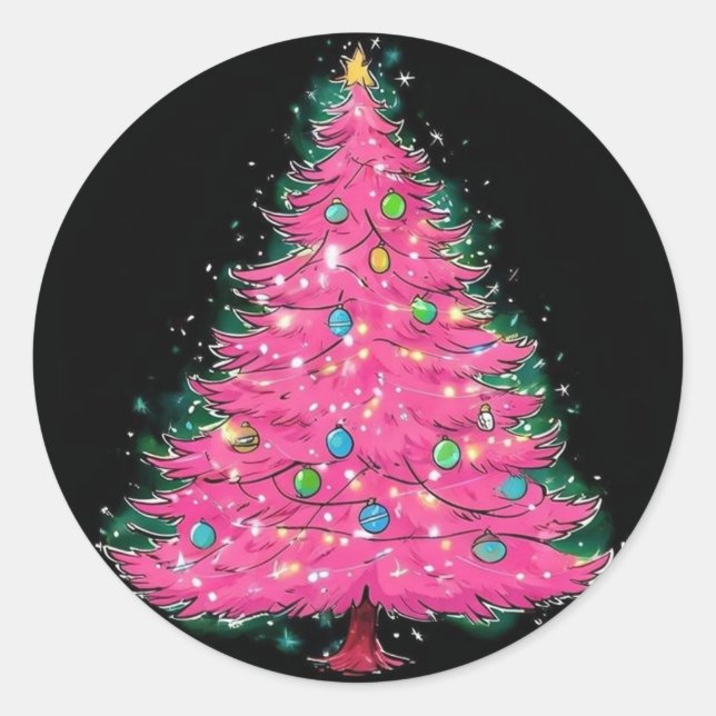 Pink Christmas Tree Sticker, Christmas Sticker (Front)