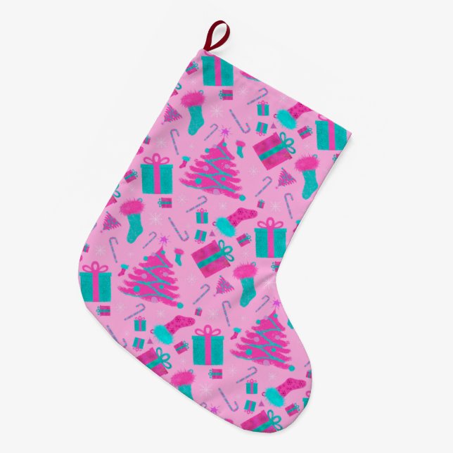 Pink Christmas tree stocking candy cane presents (Front (Hanging))